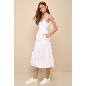 Lulus Lovable Cutie White Sleeveless Tiered Midi Dress With Pockets - Size L